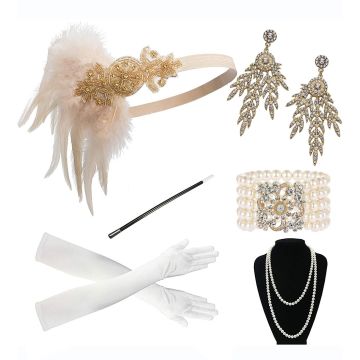 Adult 1920s Flapper Accessory Set - 6-Piece Gatsby Costume Kit with Headband Gloves Pearls