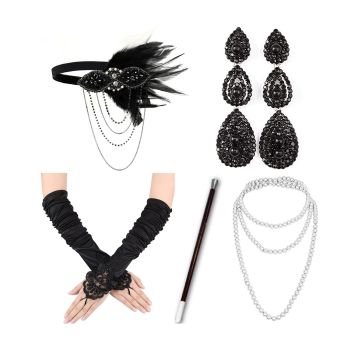 1920s Flapper Accessory Set - Gatsby Headband Gloves Pearls Cigarette Holder