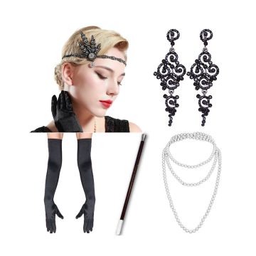 1920s Flapper Accessory Set - 5 Piece Great Gatsby Costume Kit with Gloves Headband Pearls
