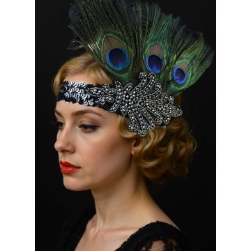 Adult 1920s peacock feather flapper headband with black sequined elastic band and rhinestone Art Deco applique