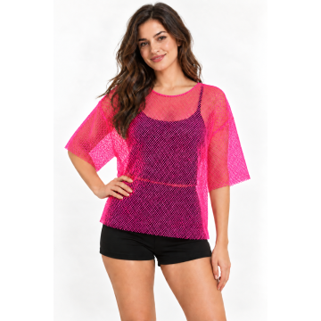 Adult Neon Pink Fishnet Mesh Top - 80s Fluro String Vest Costume