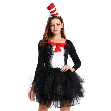 Womens Storybook Cat Tutu Costume with Striped Hat - Black Dress & Red Bow