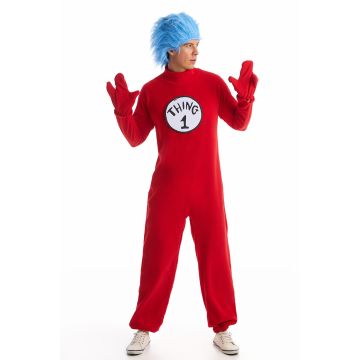 Adult Red Jumpsuit Costume with Blue Wig - Storybook Twin Character Suit with 4 Labels