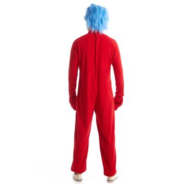 Adult Red Jumpsuit Costume with Blue Wig - Storybook Twin Character Suit with 4 Labels