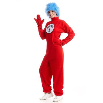Adult Red Jumpsuit Costume with Blue Wig - Interchangeable Number Labels