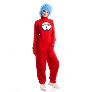 Adult Red Jumpsuit Costume with Blue Wig - Interchangeable Number Labels