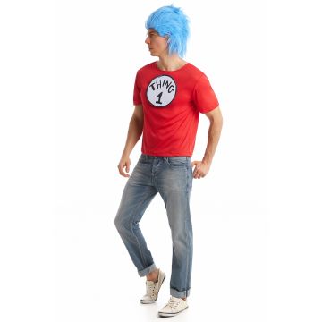 Adult Red Storybook Mischief Maker Costume T-Shirt Set with Blue Wig