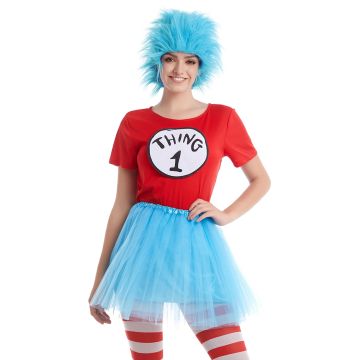 Adult Womens Storybook Mischief Maker Costume - Red Shirt Blue Tutu Striped Tights Wig