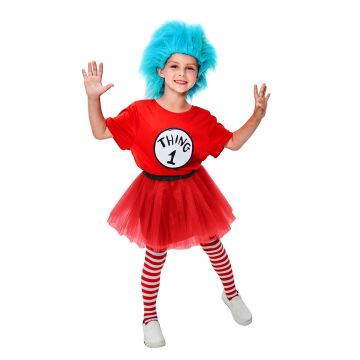 Kids red tutu storybook costume with blue wig and numbered THING labels