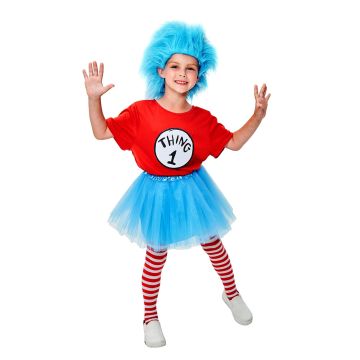 Kids red shirt blue wig tutu striped tights Book Week costume set flat lay