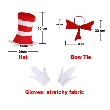 Adult Storybook Cat Accessory Kit - Red & White Striped Hat, Bow Tie & Gloves
