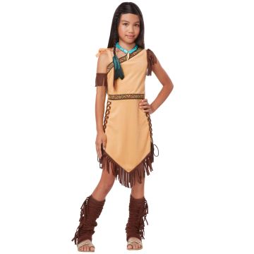 Girls prairie explorer costume with tan fringed dress and brown suede trim