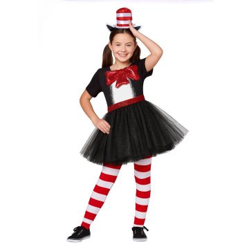 Girls storybook cat tutu costume with red and white striped hat and cat ears