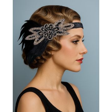 Roaring 20s Black Feather Headband – Vintage Beaded Flapper Hairpiece