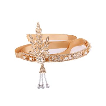 1920s Flapper Jewelry Set - Gatsby Headpiece Bracelet Ring Gold Pearl Crystal