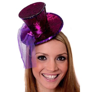 Purple mini top hat on headband with holographic glitter finish and mesh veil