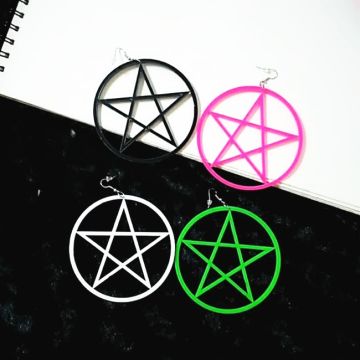 80s Hot Pink Pentagram Star Earrings - Neon Dangle Costume Accessory