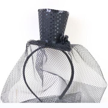 Adult Mini Top Hat Headband with Sequins and Black Veil - 1920s Burlesque Fancy Dress Accessory