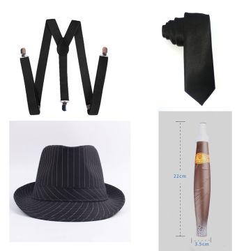 Mens 1920s Gangster Costume Accessory Set - Fedora, Tie, Suspenders & Cigar