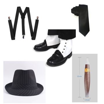 Adult 1920s gangster accessory set with pinstripe fedora, black tie, white spats, suspenders and novelty cigar