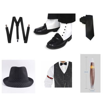 Adult 1920s gangster accessory set with pinstriped fedora hat, black suspenders, white spats and novelty cigar