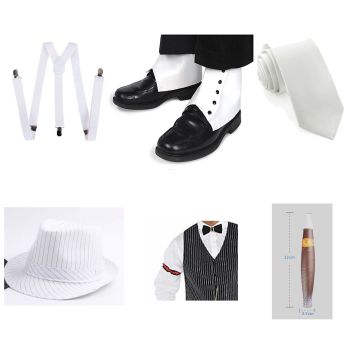 White pinstriped trilby hat with black band, skinny tie, clip suspenders and spats laid flat