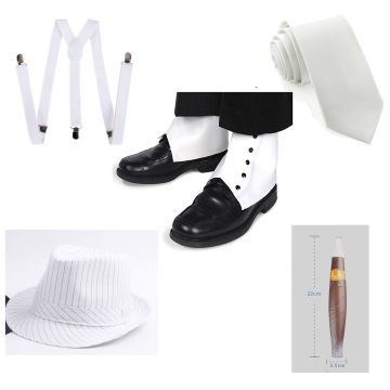 Adult 1920s gangster accessory set with white pinstripe fedora hat, satin tie, suspenders, spats and cigar prop