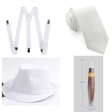 Mens 1920s Gangster Costume Accessory Set - White Fedora, Suspenders, Tie & Cigar