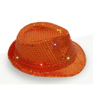 Kids orange sequin fedora hat with multicoloured LED lights flashing