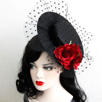 Adult Gothic Fascinator Hat with Red Roses and Polka Dot Veil