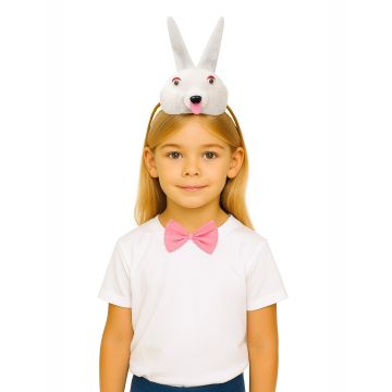Kids white rabbit headband with pink bow tie and tail costume set