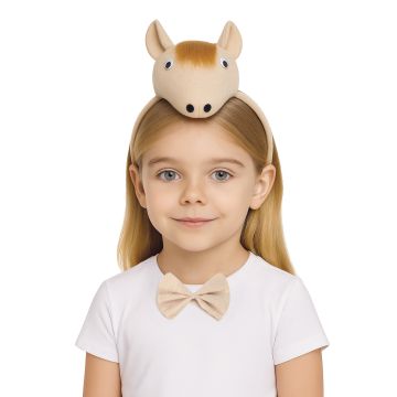 Kids horse headband costume set with three-dimensional sculpted head and plush golden mane