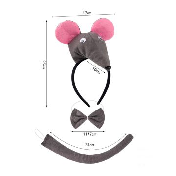 Kids Mouse Costume Set - Grey Headband Ears Bow Tail