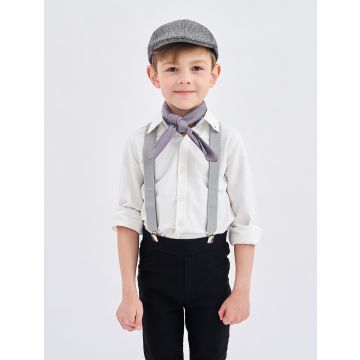 Victorian newsboy cap in grey tweed-look fabric, front view showing short brim