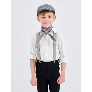 Adjustable Victorian boy suspenders with metal slide fasteners on grey elastic straps
