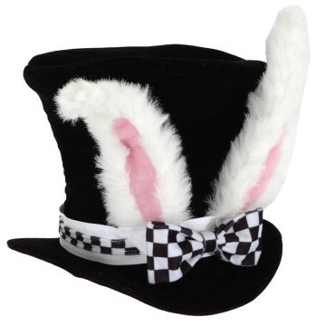 Adult Black Top Hat with Rabbit Ears - Mad Hatter Style with Checkered Bow