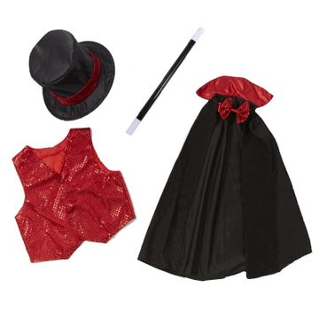 Kids Magician Costume Set - Red Sequin Vest Cape Top Hat & Wand