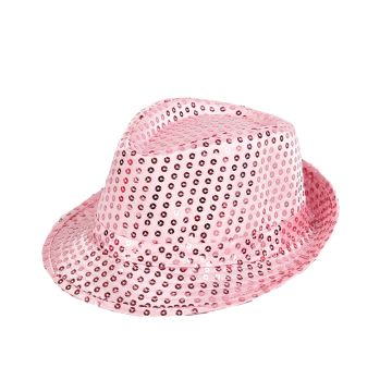 Kids pink sequin fedora hat with LED lights, front view showing button control