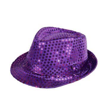 Kids purple LED sequin fedora hat with iridescent finish and push-button control