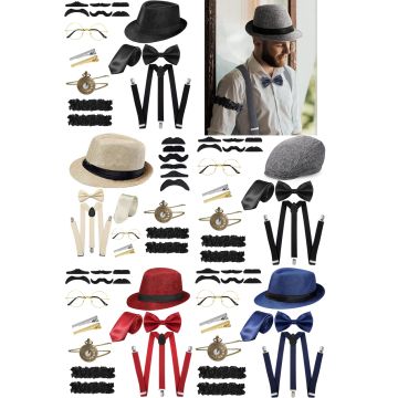 Mens 1920s Gangster Costume Accessory Set - Fedora Hat Suspenders Bow Tie