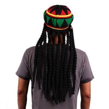 Mens 70s Hippie Rasta Costume - Hat with Dreadlocks, Peace Sign Necklace & Vest