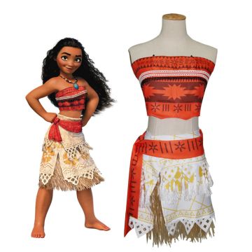 Tropical island voyager costume showing geometric tribal prints and gold metallic fringe details