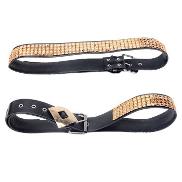 Adult gold studded belt with black faux leather and three rows of pyramid studs