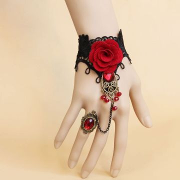 Adult Gothic Lace Bracelet Ring Set - Black Rose Hand Chain Jewellery