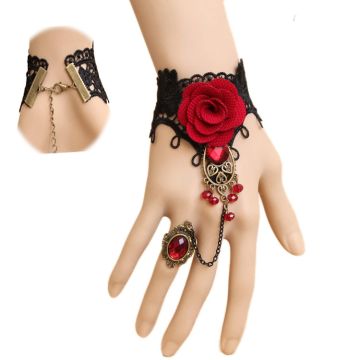 Adult Gothic Lace Bracelet Ring Set - Black Rose Hand Chain Jewellery