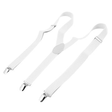 White elastic suspenders with Y-back configuration and silver metal clips