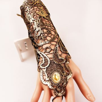 Adult Bronze Lace Forearm Cuffs with Chain Ring - Vintage Flapper Gauntlets