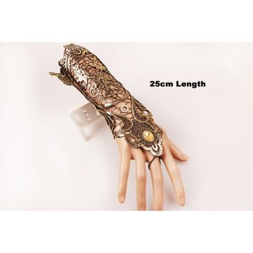 Bronze lace forearm cuffs with metallic gold embroidery and amber gem detail