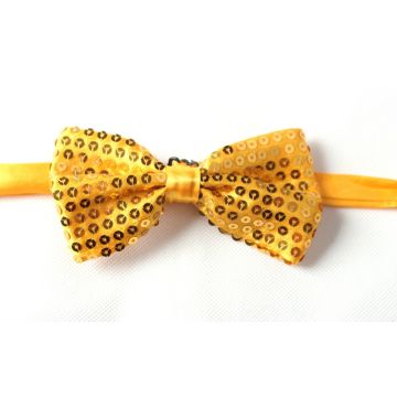 Gold sequin bow tie clip-on with metallic finish and satin ribbon knot