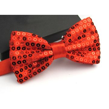 Clip-on red sequin bow tie 13cm wide with orange and black sequin accents